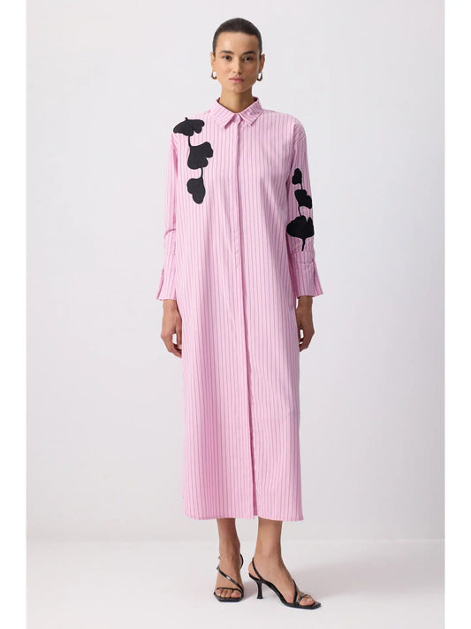 Striped Maxi Shirt Dress with Bold Floral Embroidery
