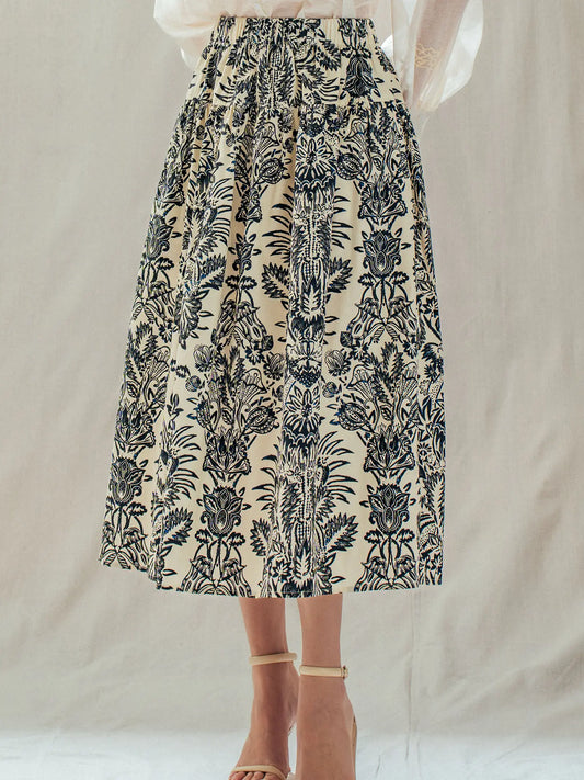 Botanical Print Cotton Midi Skirt with Pockets