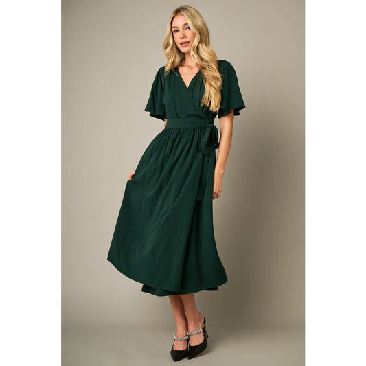 Flutter Sleeve Waist Tie Wrap Midi Dress