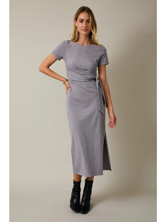 Short Sleeve Waist Tie Slit Maxi Dress