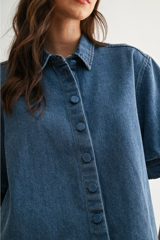 Short-Sleeve Cropped Denim Shirt