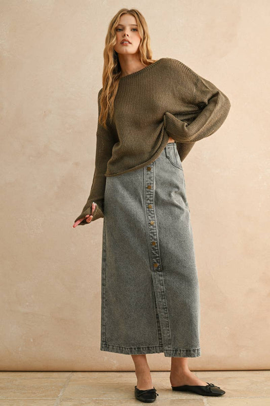 Button Front Denim Washed Skirt