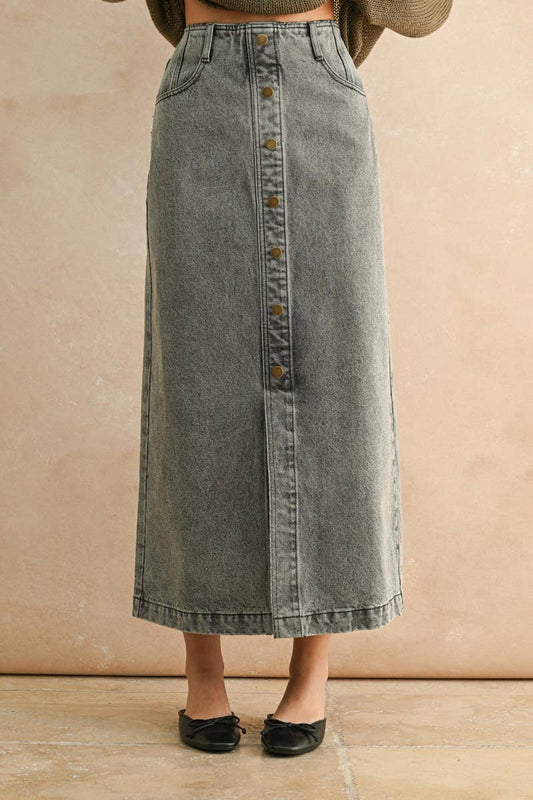 Button Front Denim Washed Skirt